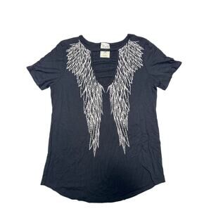 Vocal USA Black Angel Wings Cutout Rhinestone Tee Shirt Size Large